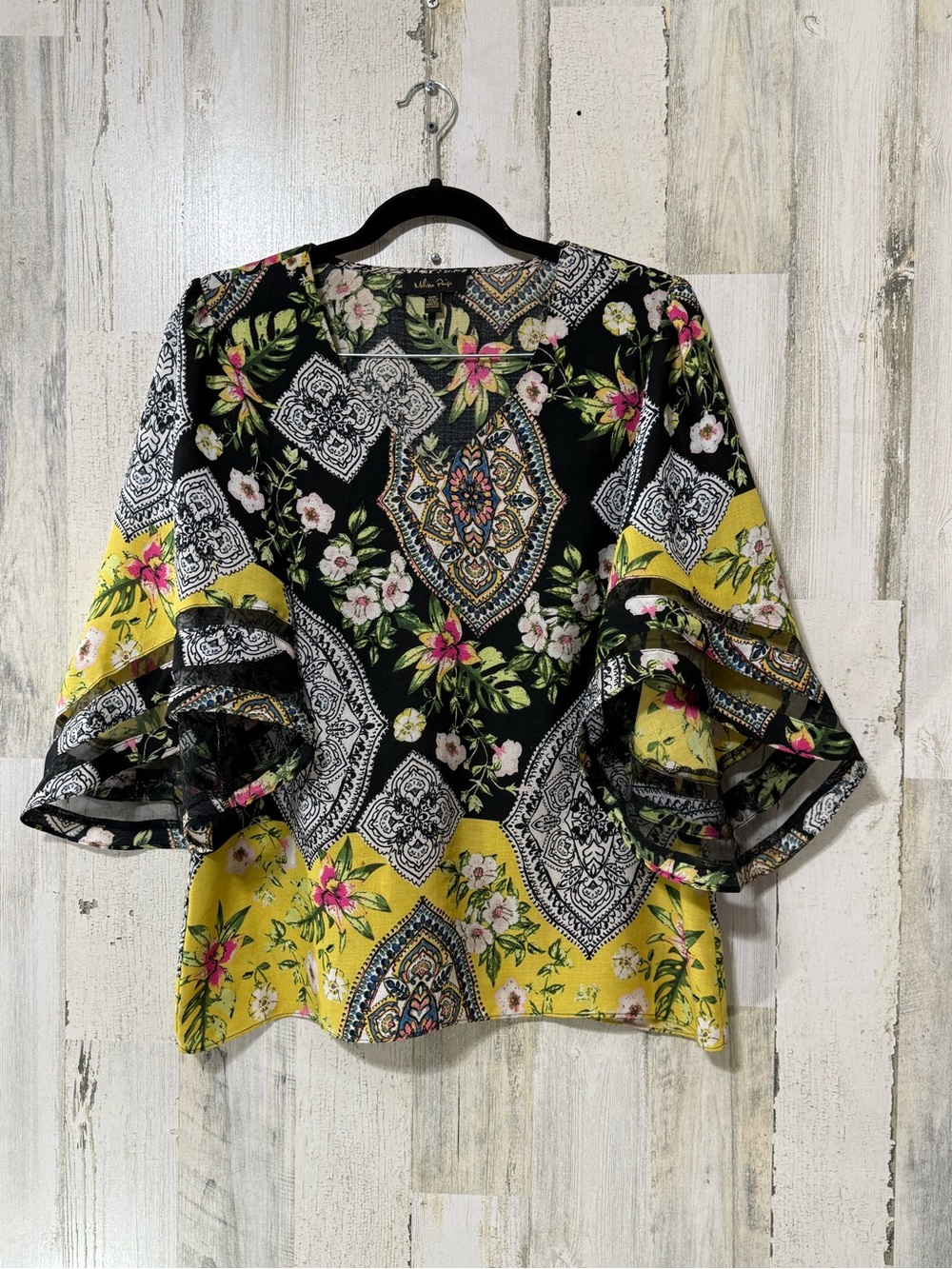 Melissa Paige Yellow and Black Floral Bandana Ruffle Sleeve Blouse